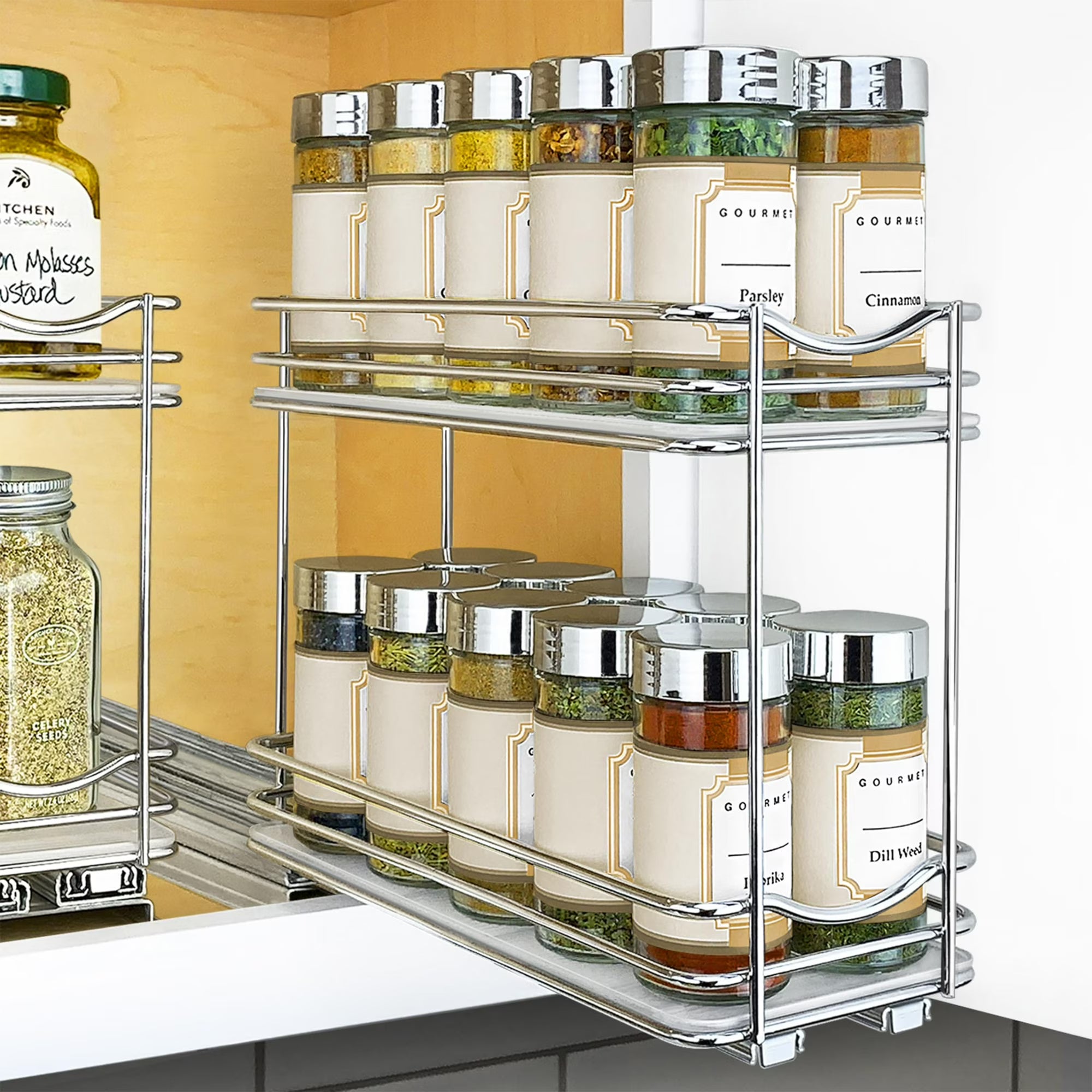 Pull Out Spice Rack Organizer for Kitchen Cabinets, 2 Tier Sliding Drawer Shelf with Heavy Duty Ball Bearing Glides, Vertical Storage for Spice Jars and Bottles, Brown