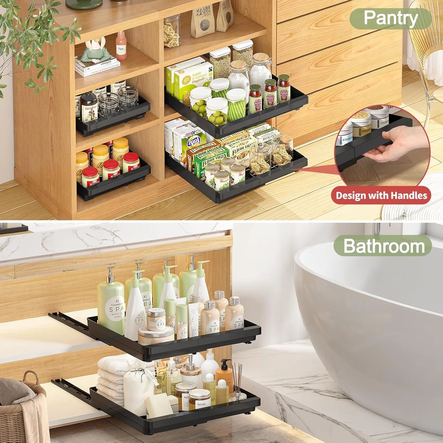 2 Pack Expandable Pull Out Cabinet Organizers, Slide Out Drawers for Kitchen Storage V1684