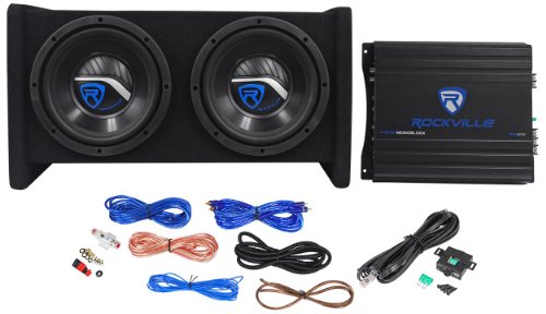 Rockville RV10.2B 1000w Dual 10" Car Subwoofer Enclosure+Mono Amplifier+Amp Kit