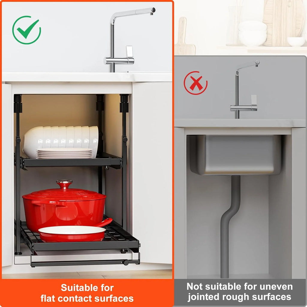 2 Tier Pull Out Cabinet Organizer, Expandable 13-21 Inch Wide, No-Drill Slide Out Drawers S625232