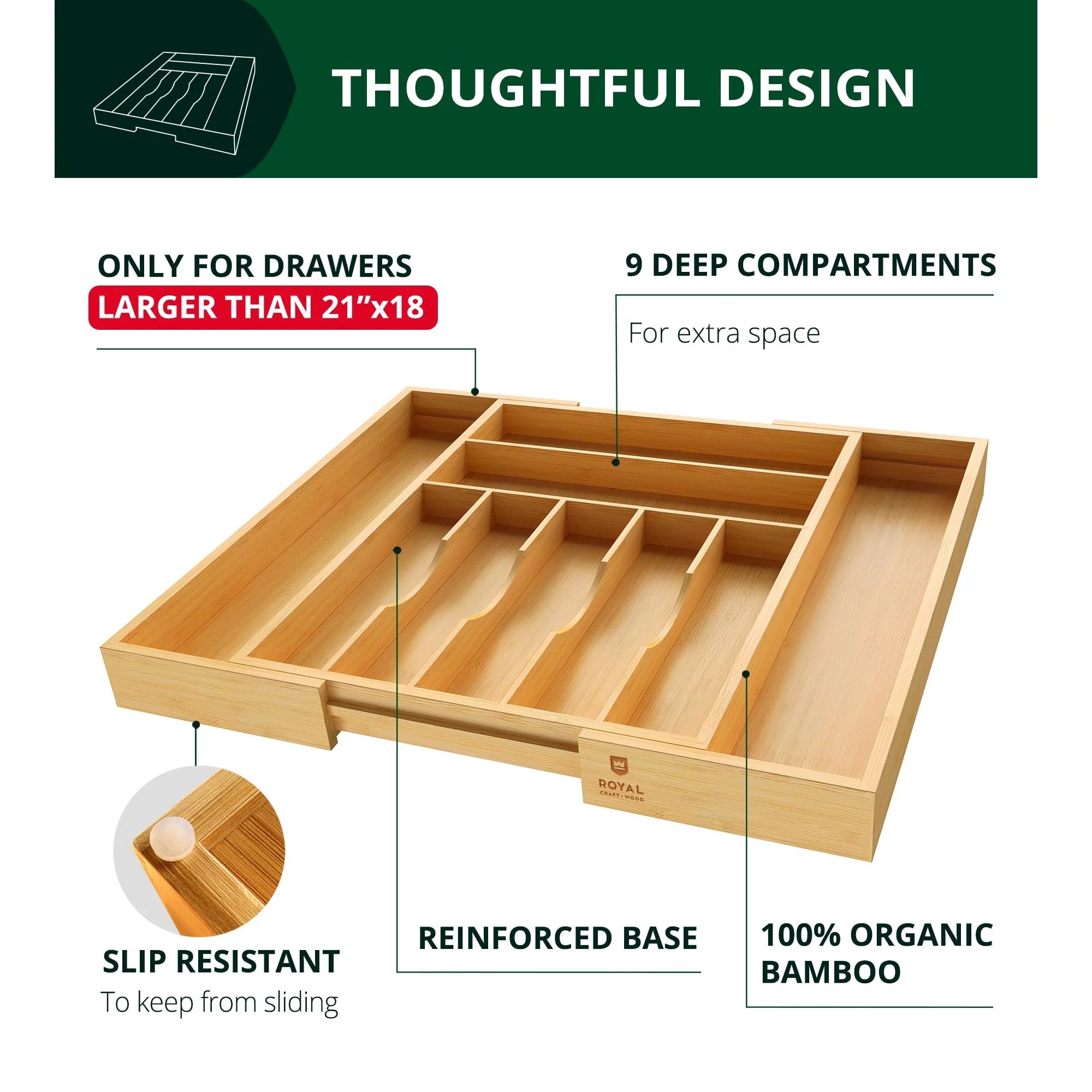 Bamboo Drawer Tray with 9 Compartments for Cutlery Storage X5744