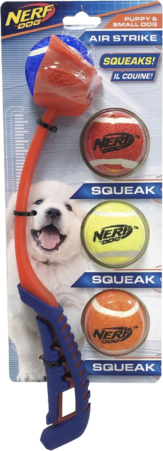 Nerf Dog 5-Piece Dog Toy Gift Set, includes 13in Air Strike Launcher and 2in Squeak Tennis Ball 4-Pack, Nerf Tough Material, Multicolored