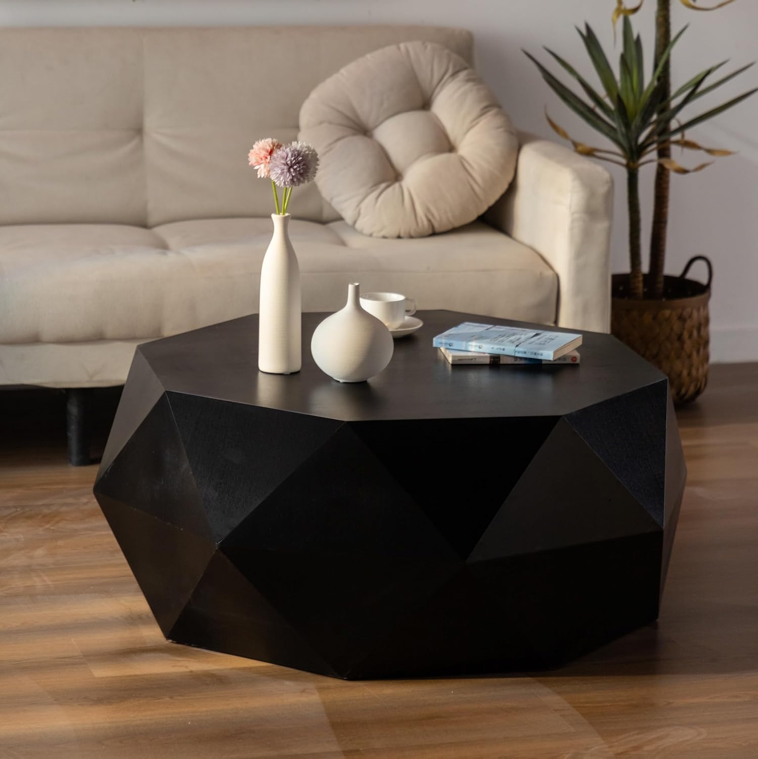 38" Coffee Table, Three-Dimensional Embossed Pattern Design Retro Style Round Wood Coffee Table for Living Room Office and Dining Room (Black)
