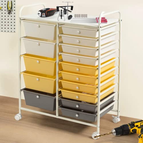 Rolling Storage Cart with 15 Drawers, Lockable Wheels, Black P3598