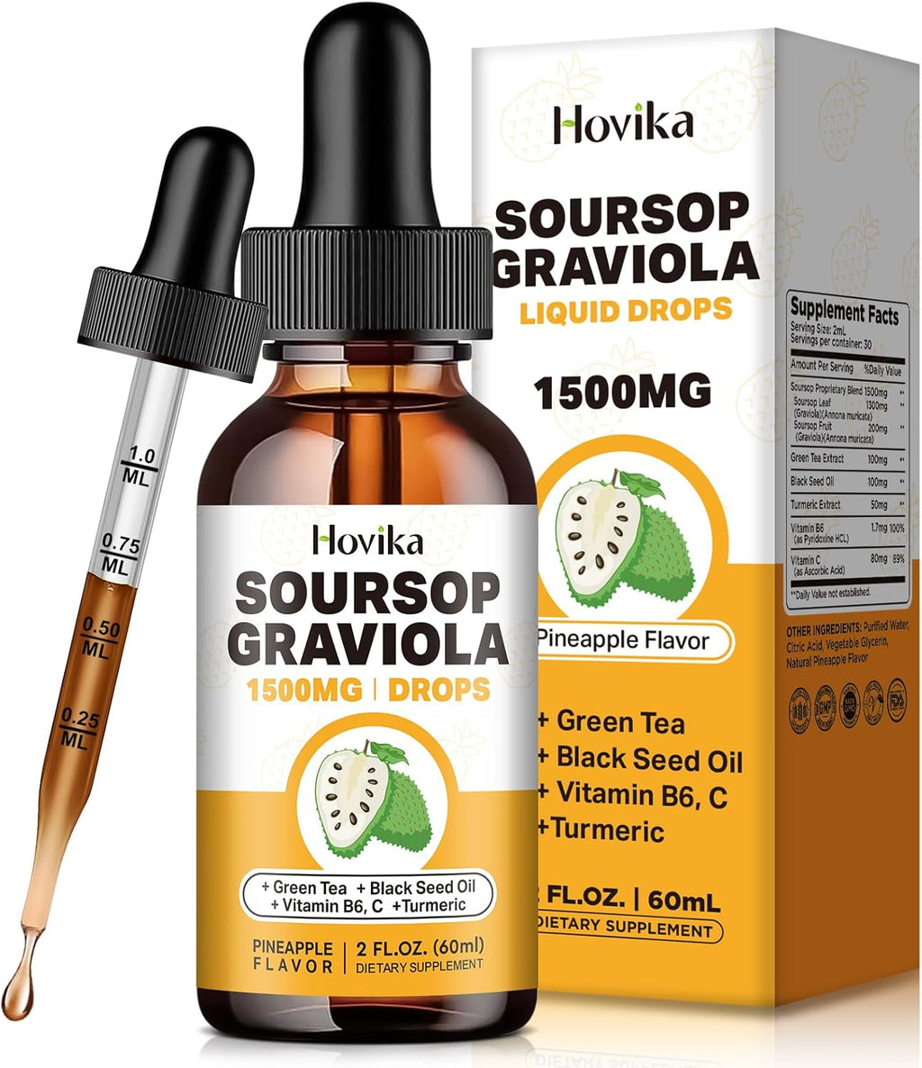 Soursop Leaves & Fruit, Soursop Graviola Liquid Drops 1500mg with Green Tea, Black Seed Oil, Turmeric for Cell Support, Immune, Antioxidant - Soursop Bitters Liquid, Natural Pineapple-B Flavor 2 Fl Oz