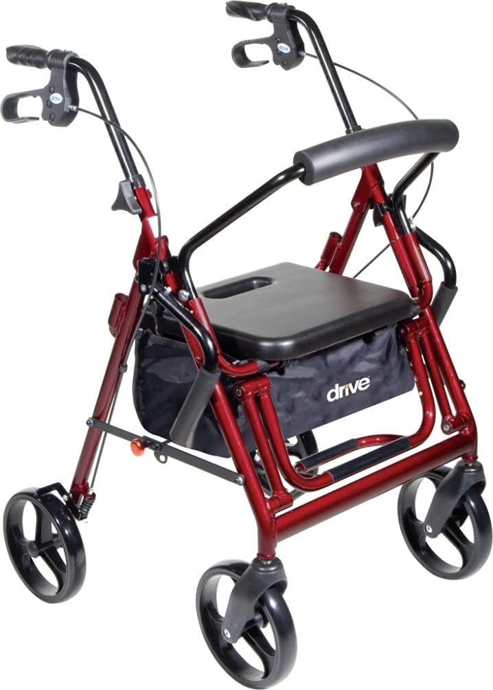 Drive Medical 795BU Duet Dual Function Transport Wheelchair Rollator Rolling Walker, Burgundy, Comfortable Padded Seat, Carry Pouch for Added Privacy and Security of Personal Items