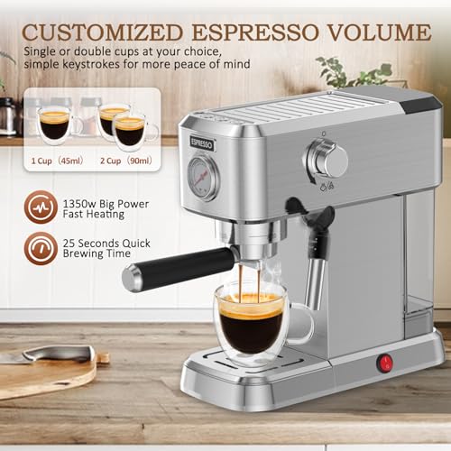 Espresso Machine, 20 Bar with Milk Frother, Compact Stainless Steel, 50oz Water Tank S2510