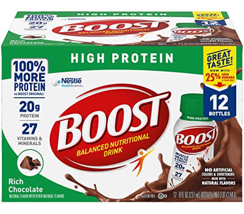 Boost High Protein Balanced Nutritional Drink, Rich Chocolate, Muscle Health & Energy with Protein, Vitamins & Minerals, 25% Less Sugars, 8 FL OZ Bottles, 12 CT (Pack of 1)