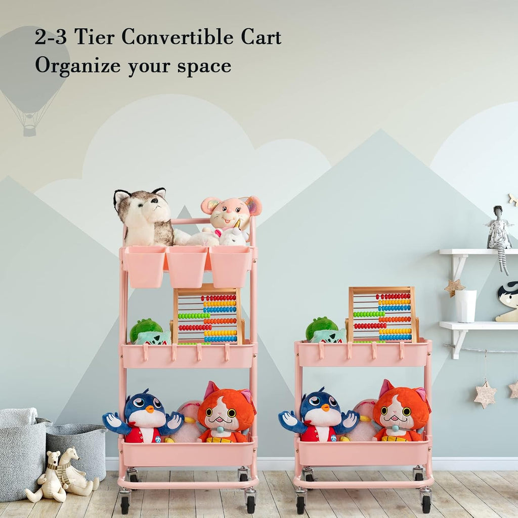 3-Tier Metal Rolling Utility Cart with Lockable Wheels and Hooks W1224