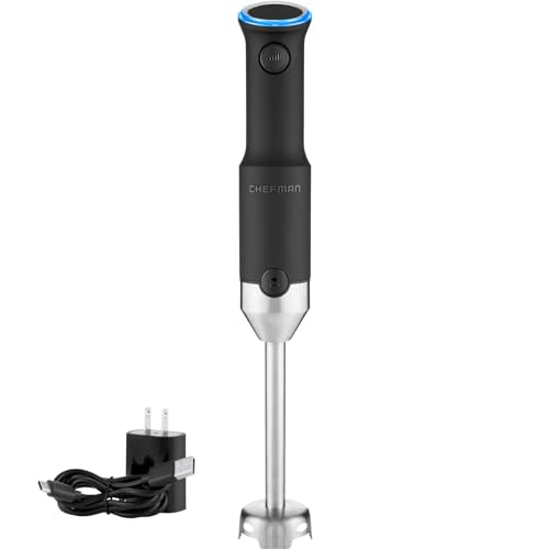 CHEFMAN Cordless Portable Immersion Blender 5-in-1 Blender Set, Ice Crushing Power with One-Touch Speed Control, Comes with Potato Masher, Whisk, Chopper, Beaker, and Storage Case, Stainless Steel