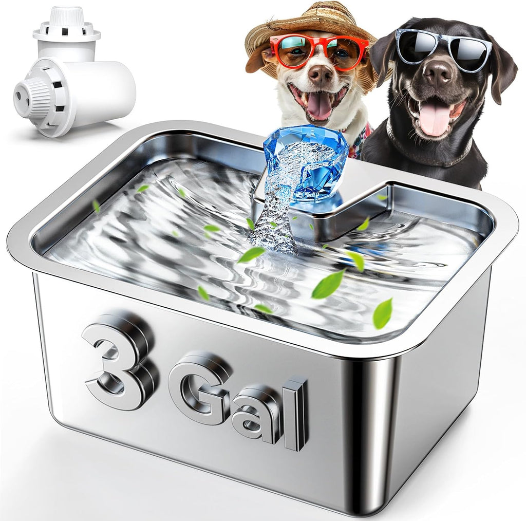 Stainless Steel Dog Water Fountain for Large Dogs, PETNF 3 Gallon Big Pet Water Fountain with 2 Filters, Dog Water Bowl Dispenser Cat Drinking Fountain Inside for Multiple Pets, Easy to Assemble&Clean