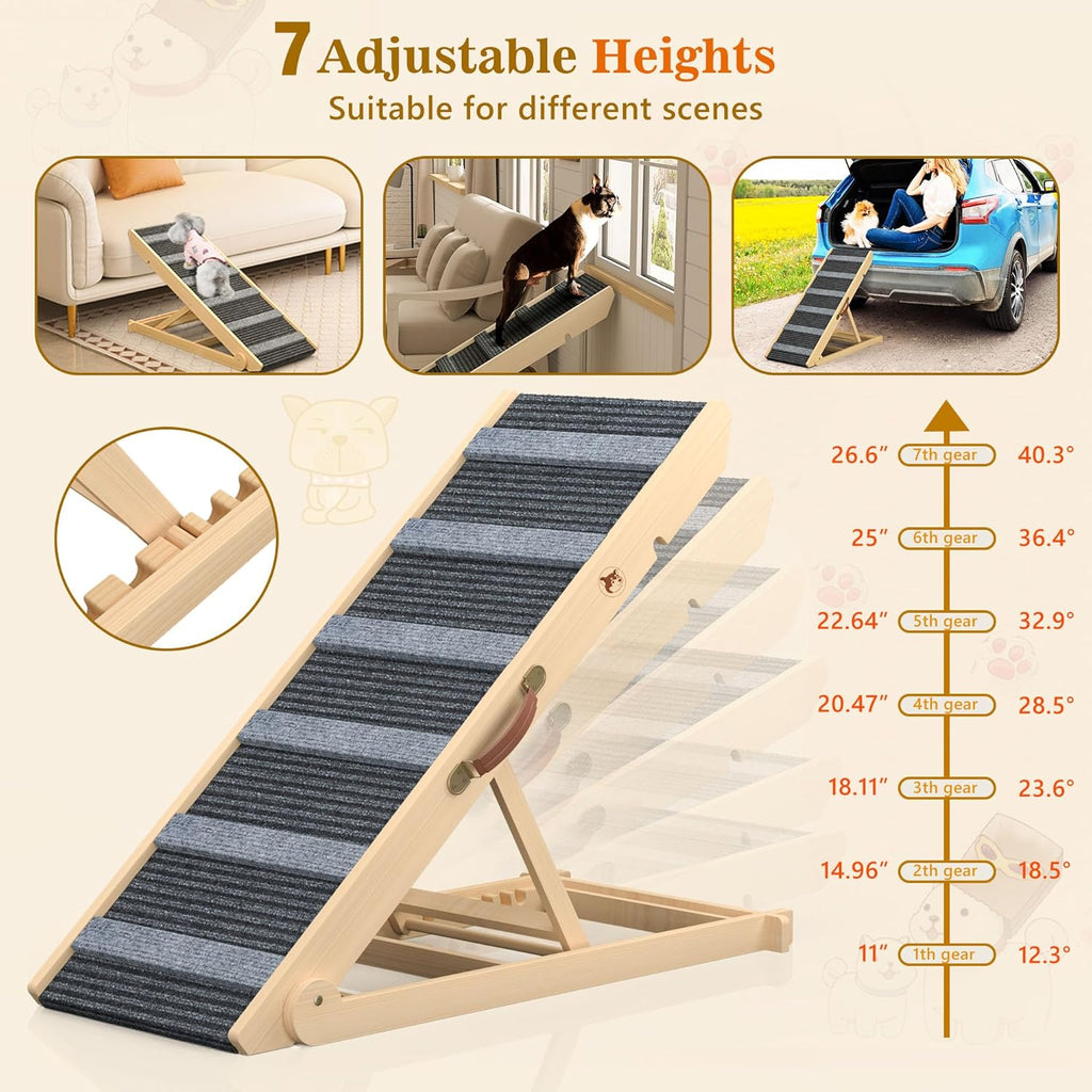 Portable Pet Ramp for Dogs and Cats, 7 Adjustable Heights, Non-Slip for Bed, Car and Couch T4130