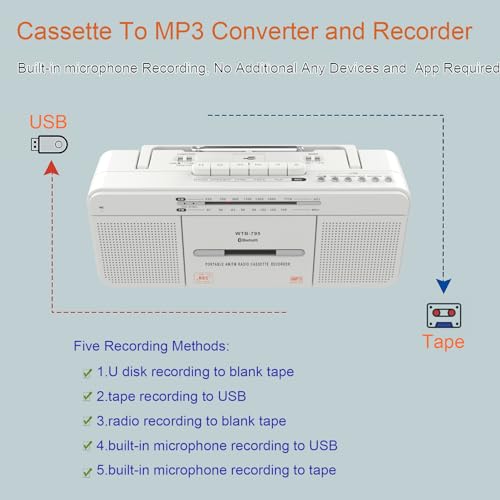 Cassette Player Recorder with Bluetooth, USB, AM/FM Radio W8360