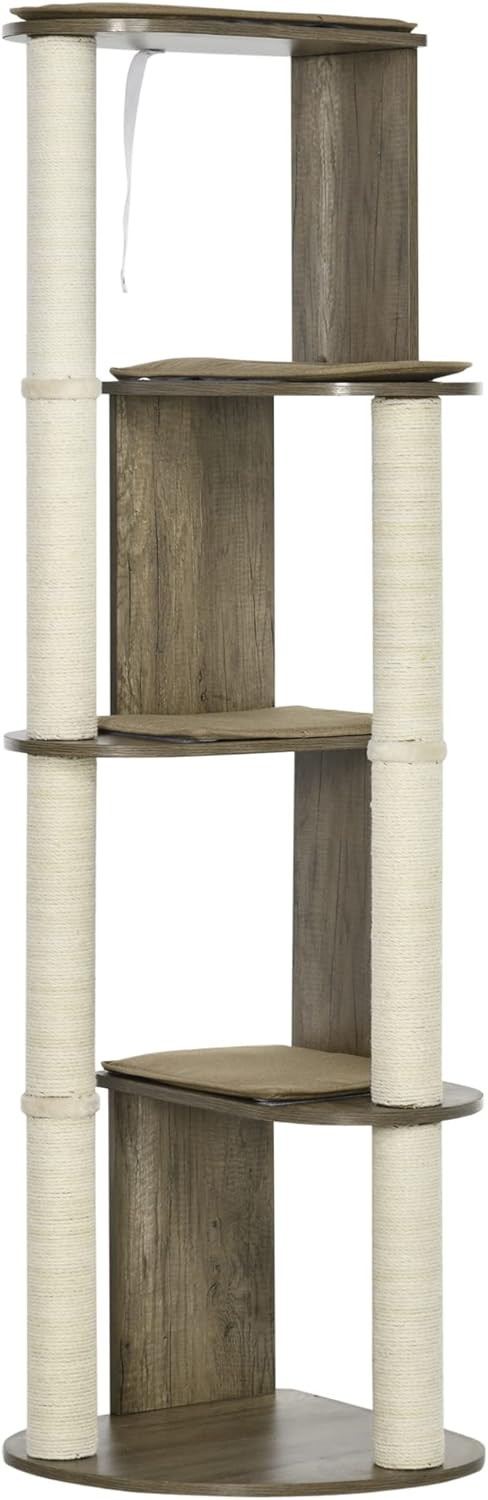 PawHut 65" Corner Modern Cat Tree Tall for Climbing, Large Multilevel Cat Tower with Scratching Posts, Small-Fit Kitten Tower with Sisal, Cream White