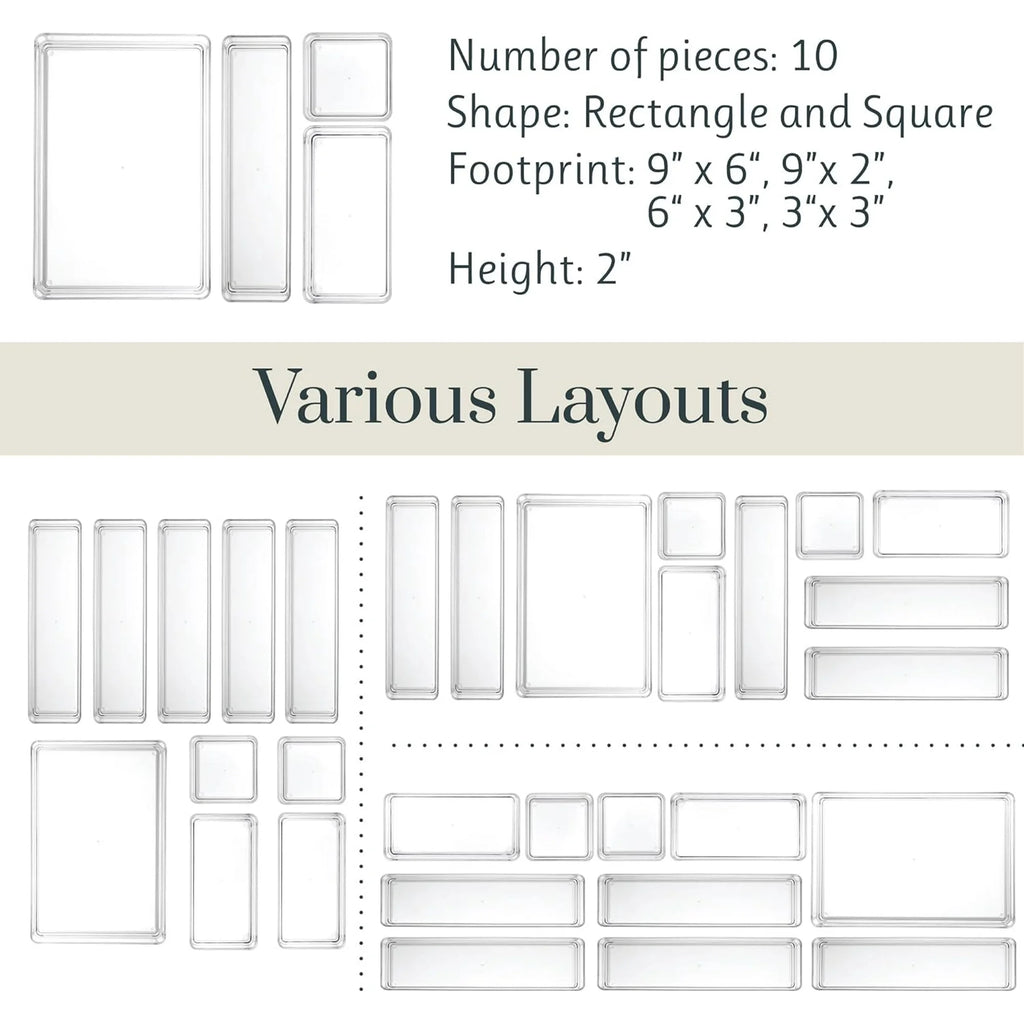 Stackable transparent drawer organizer set with multi-size trays F506863