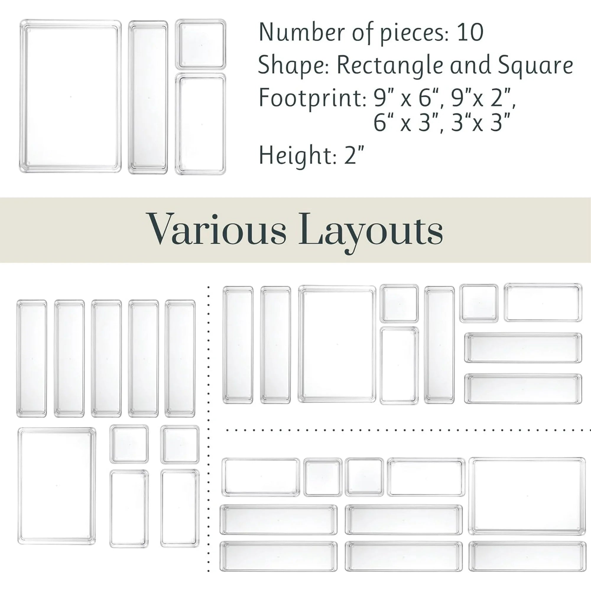Stackable transparent drawer organizer set with multi-size trays F506863