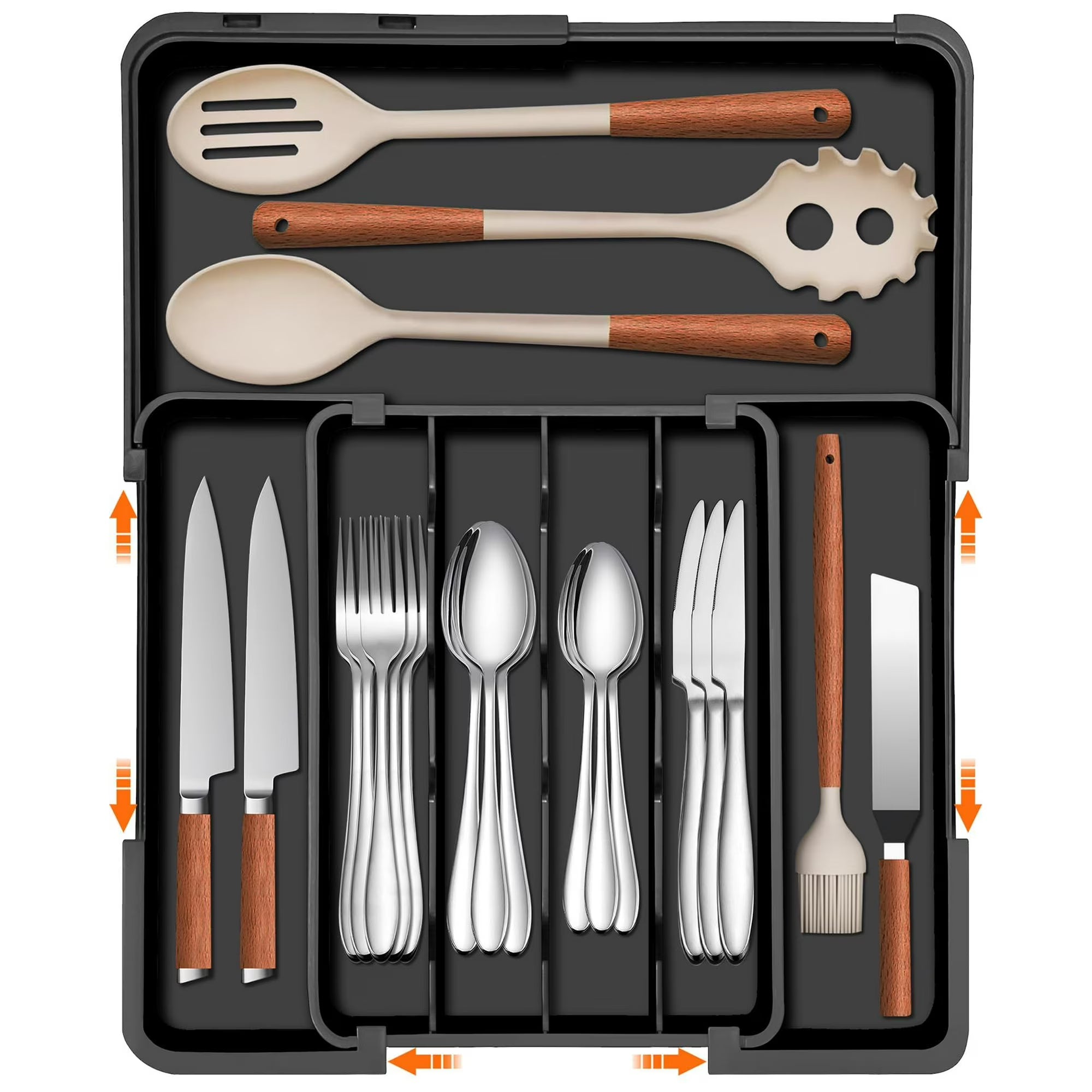 Kitchen Utensil Organizer Expandable, 7-Section Drawer Divider, Deep Compartments for Forks Knives Spoons, Non-Slip Cutlery Tray, -Safe Material, Black