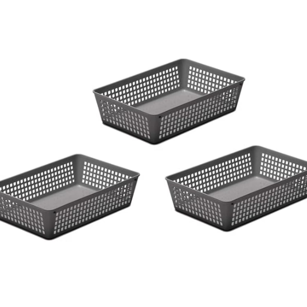 3-Pack Plastic Storage Baskets Bins for Home Junk Drawer, Shelves, and Office Organization, Functional Trays/Containers Great for Kitchen Pantry, Cabinets, Bedrooms, and Bathrooms, Grey