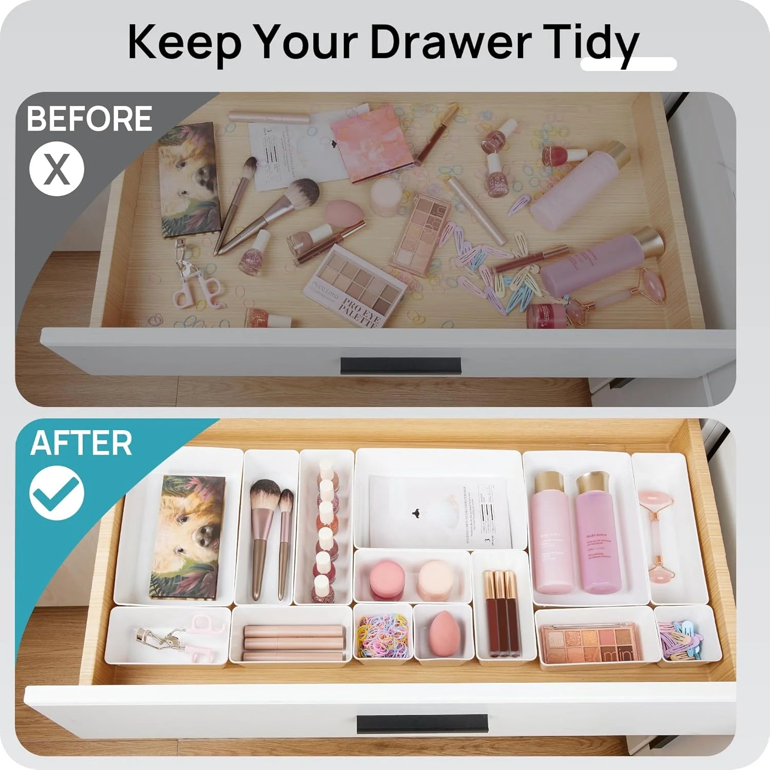 Desk Drawer Organizer Trays, 4-Size Plastic Storage Bins, Black V283374