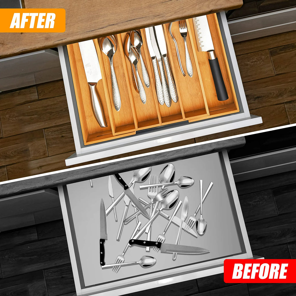 Bamboo Expandable Cutlery Tray Organizer for Kitchen Drawer F305636