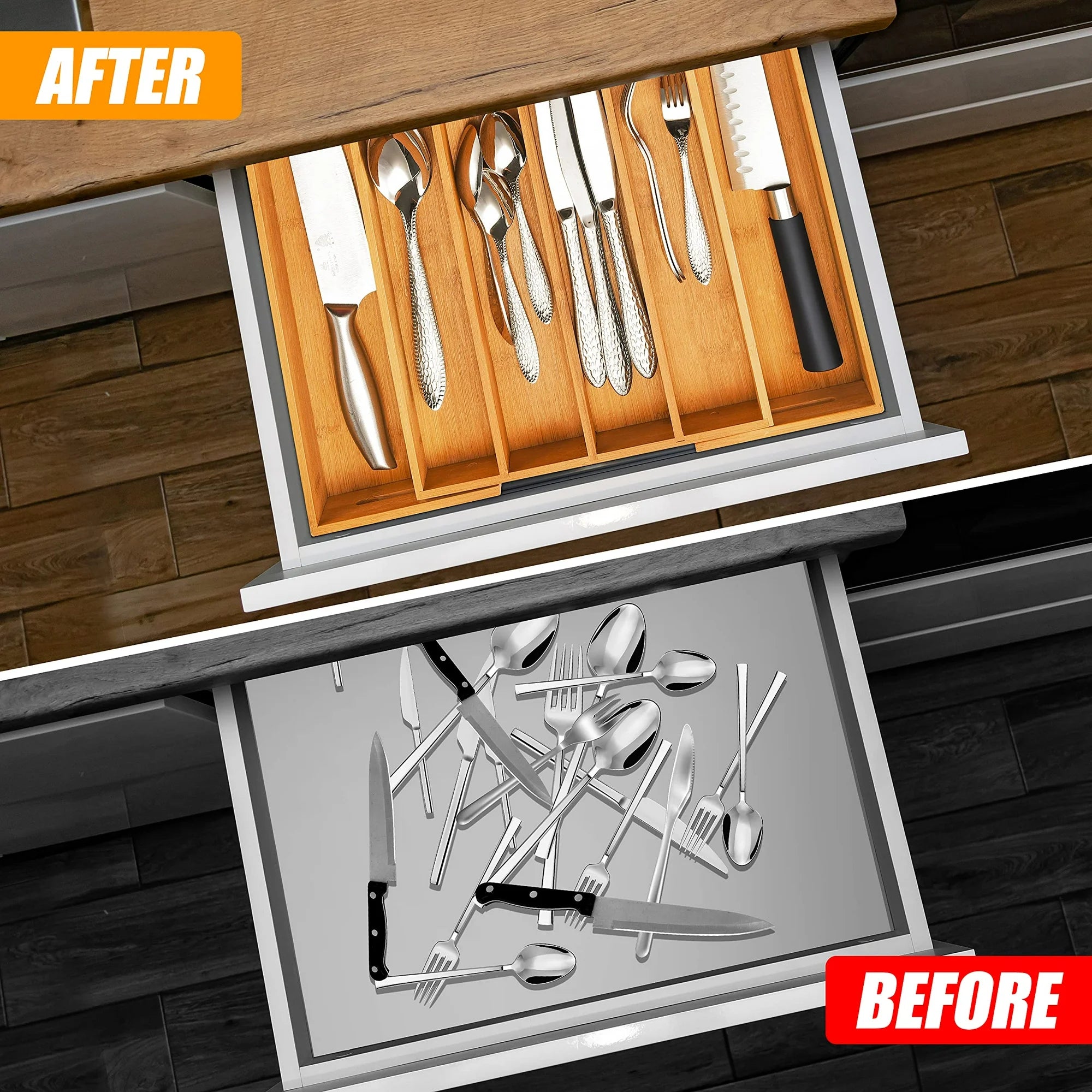 Bamboo Expandable Cutlery Tray Organizer for Kitchen Drawer F305636