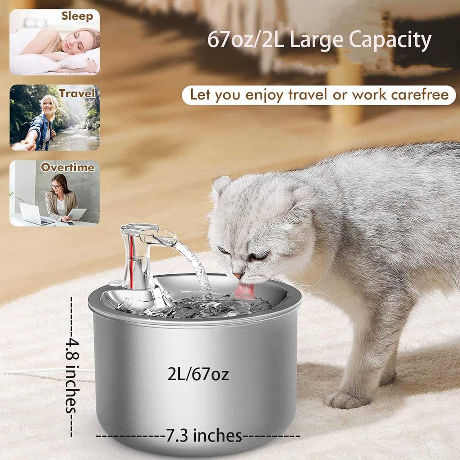 Automatic Water Fountain for Cats, 2L Stainless Steel T539