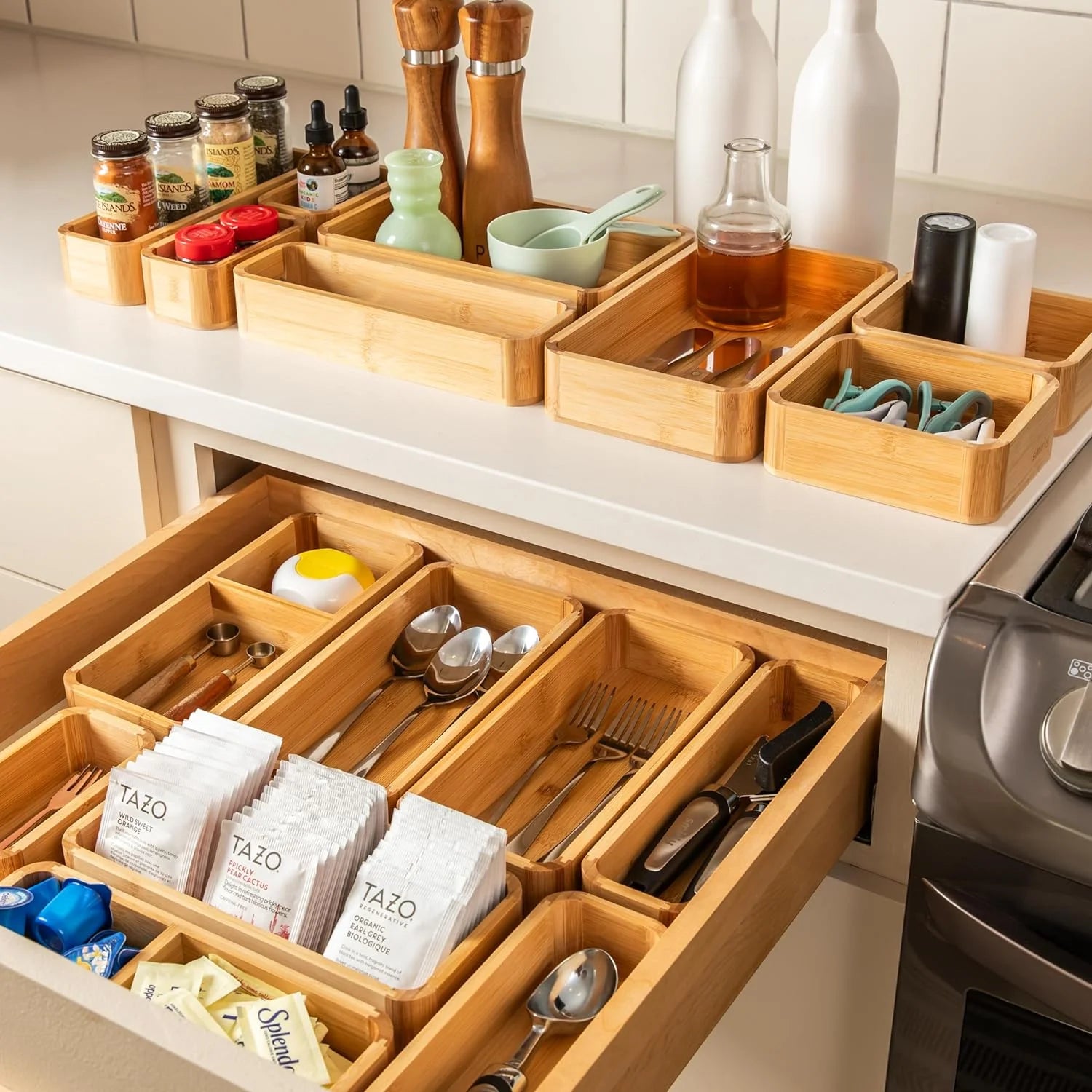 Bamboo Kitchen Drawer Organizer Set for Utensils and Multi-use Storage S800410