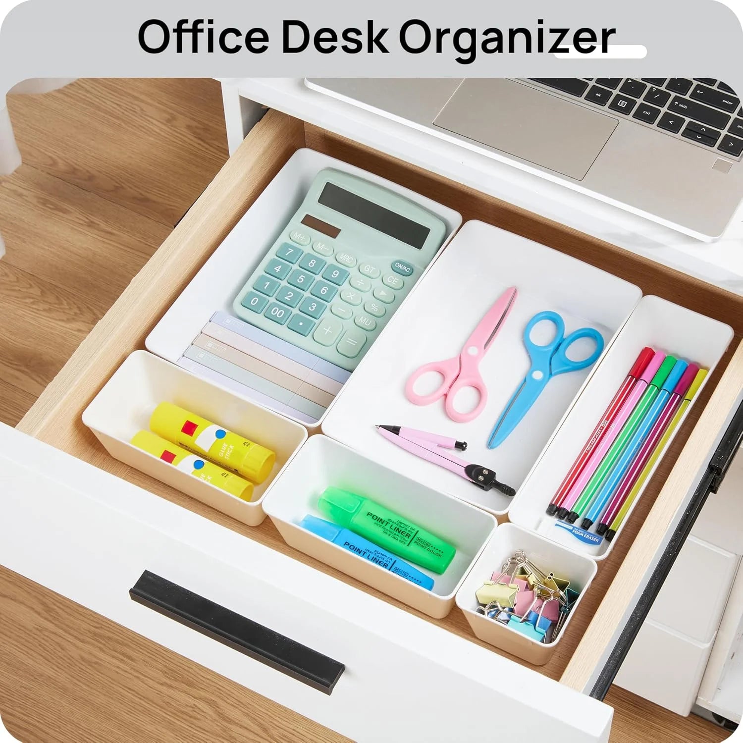 Desk Drawer Organizer Trays, 4-Size Plastic Storage Bins, Black V283374