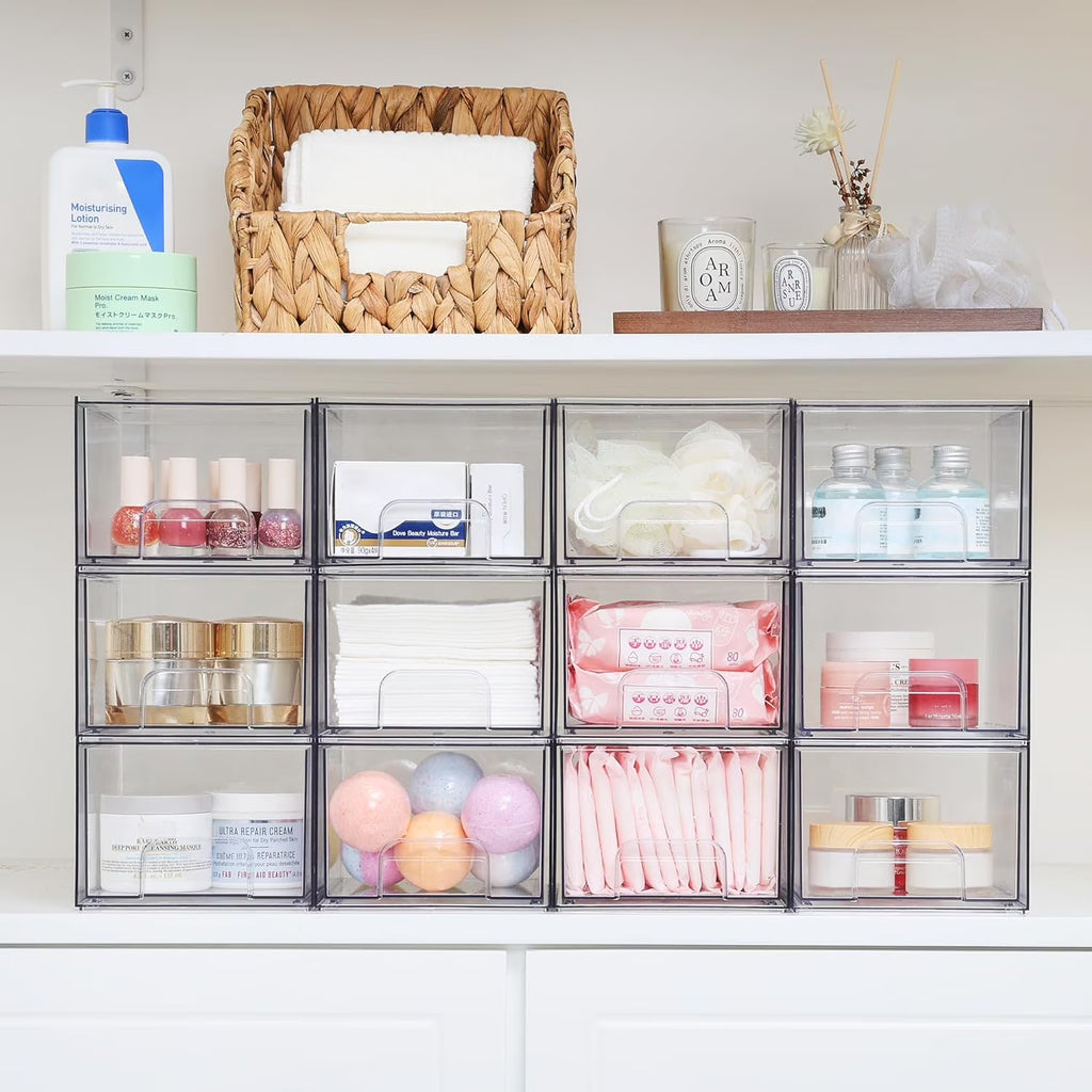 4 Pack  Stackable Storage Drawers, Acrylic Bathroom Makeup Organizer, Plastic Storage Bins for Vanity, Kitchen, Pantry