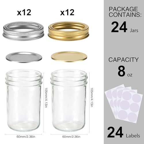 8 oz Glass Mason Jars with Lids, 24 Pack for Canning H7201