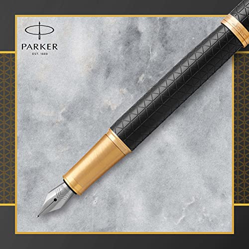 Fountain Pen, Black Lacquer Gold Trim, Medium Nib with Blue Ink Refill M14113