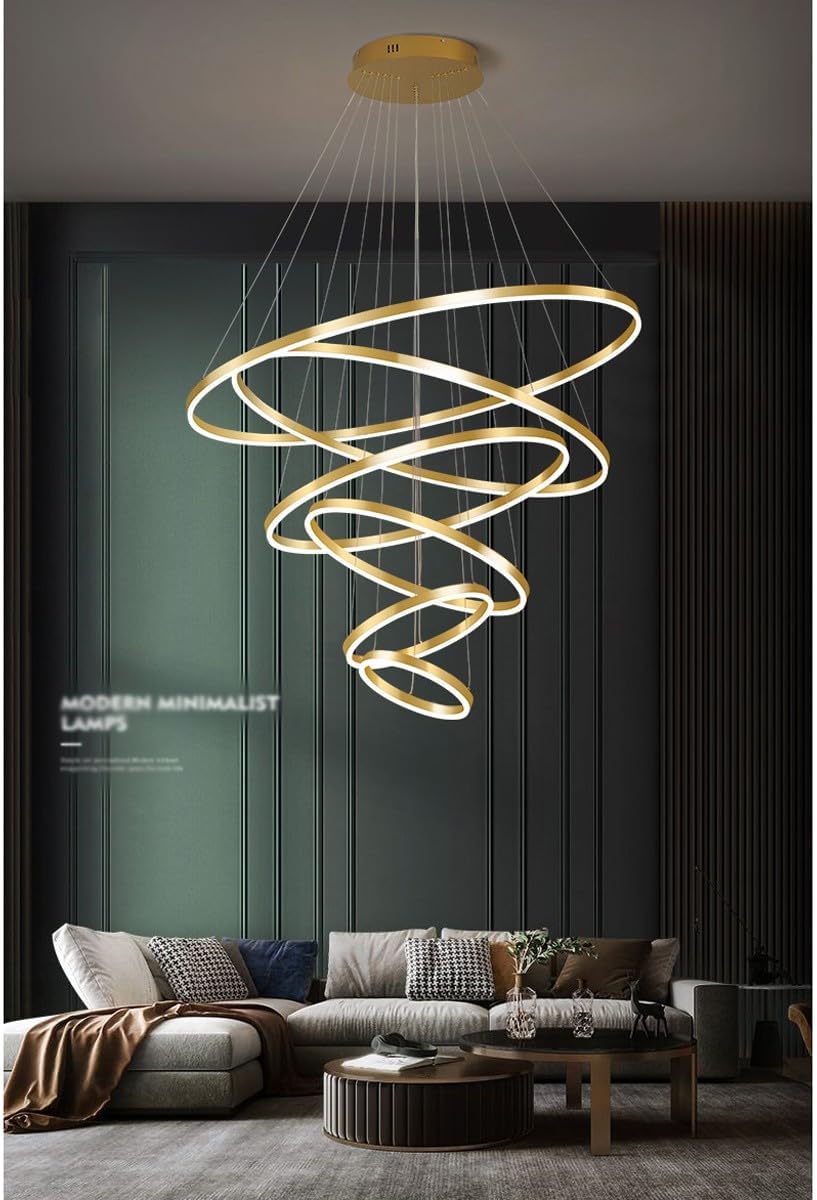 Modern LED Chandelier 6 Rings Gold with Remote Control for High Ceiling E67078