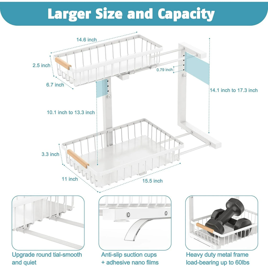 Under Sink Organizer 2 Pack, Height Adjustable, 2 Tier Pull Out Storage Shelf, Metal, Gold I717568