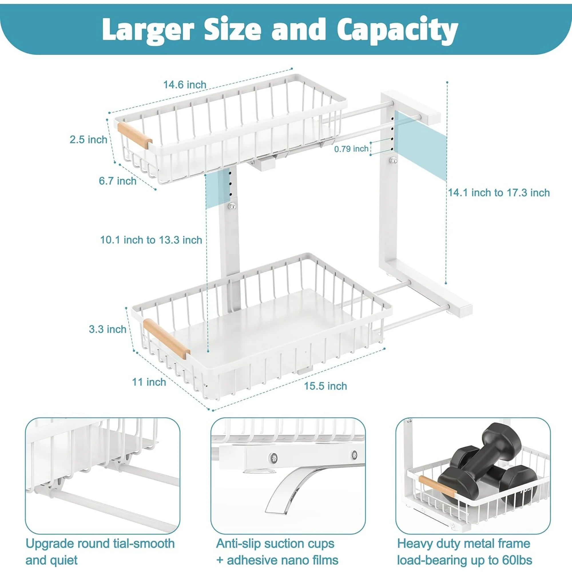 Under Sink Organizer 2 Pack, Height Adjustable, 2 Tier Pull Out Storage Shelf, Metal, Gold I717568