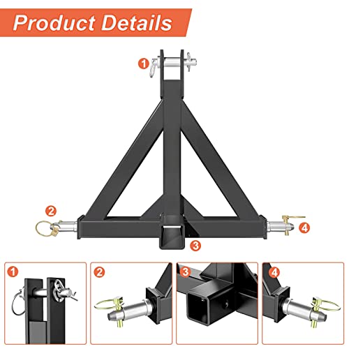 2" Trailer Hitch Receiver Orange for Category 1 Tractors, Heavy Duty Towing Drawbar Attachment N79187