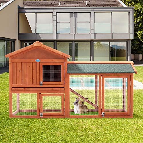 Wooden Rabbit Hutch Indoor with Removable Tray & Ramp, Waterproof Roof P790