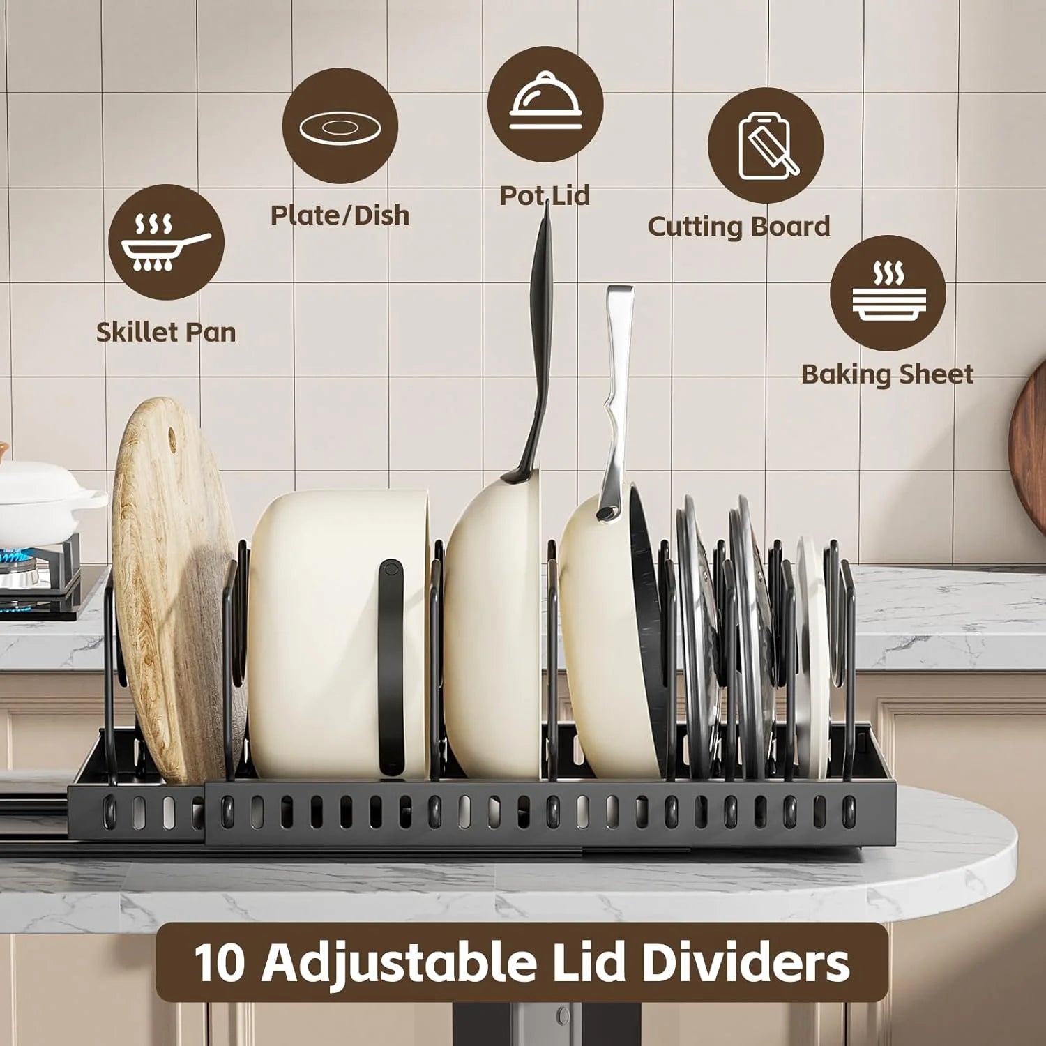 2 Pack Expandable Pull Out Cabinet Organizer with 10 Adjustable Dividers for Kitchen Drawers O15196