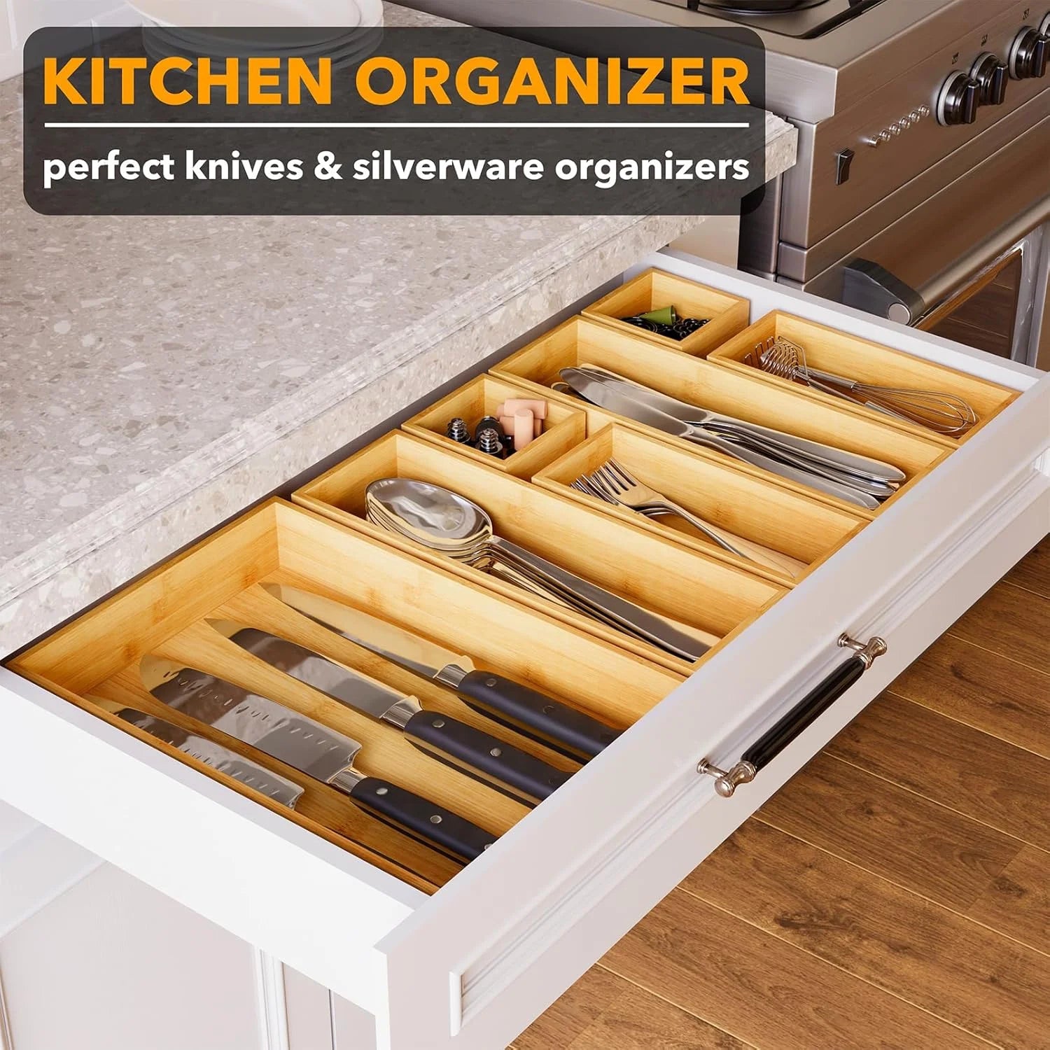 Bamboo Drawer Organizer Set with Divider Bins D27991