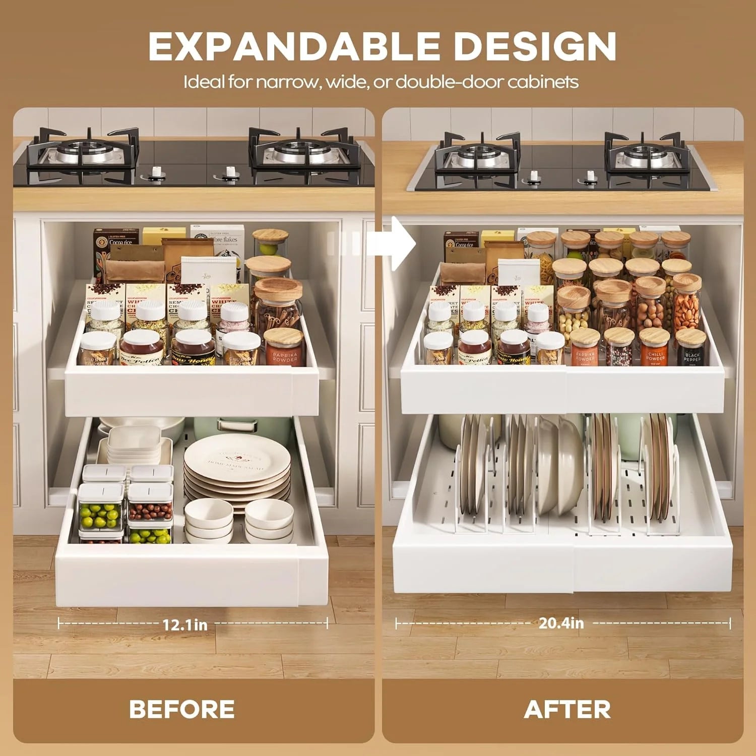 Pull Out Cabinet Organizer 21" Deep with Expandable Slide Out Drawers X178125