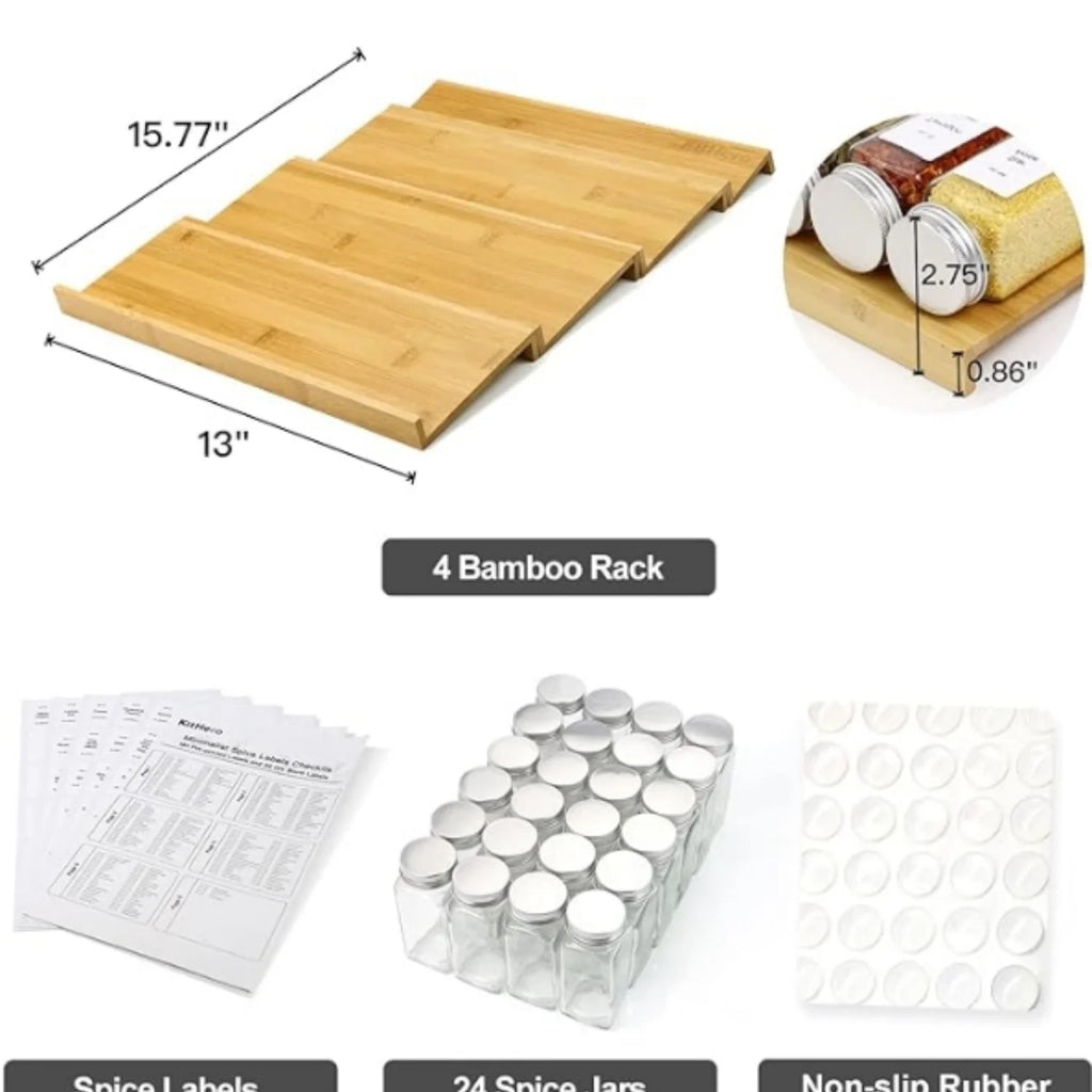 Bamboo 4-Tier Spice Rack Organizer with 24 Jars and Labels V177