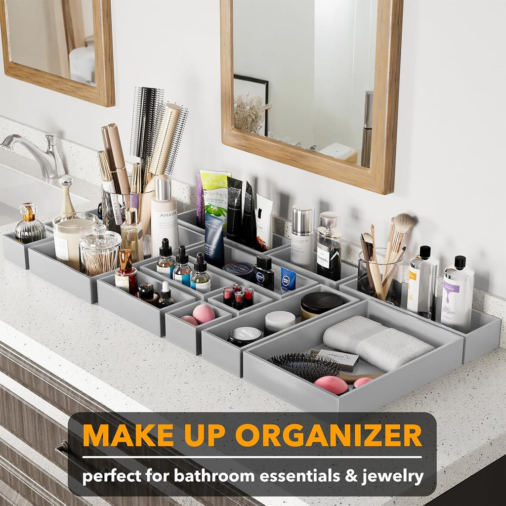 Bamboo Drawer Organizer Storage Boxes Set, 14-Piece Wood Tray with Divider Bins Z73397