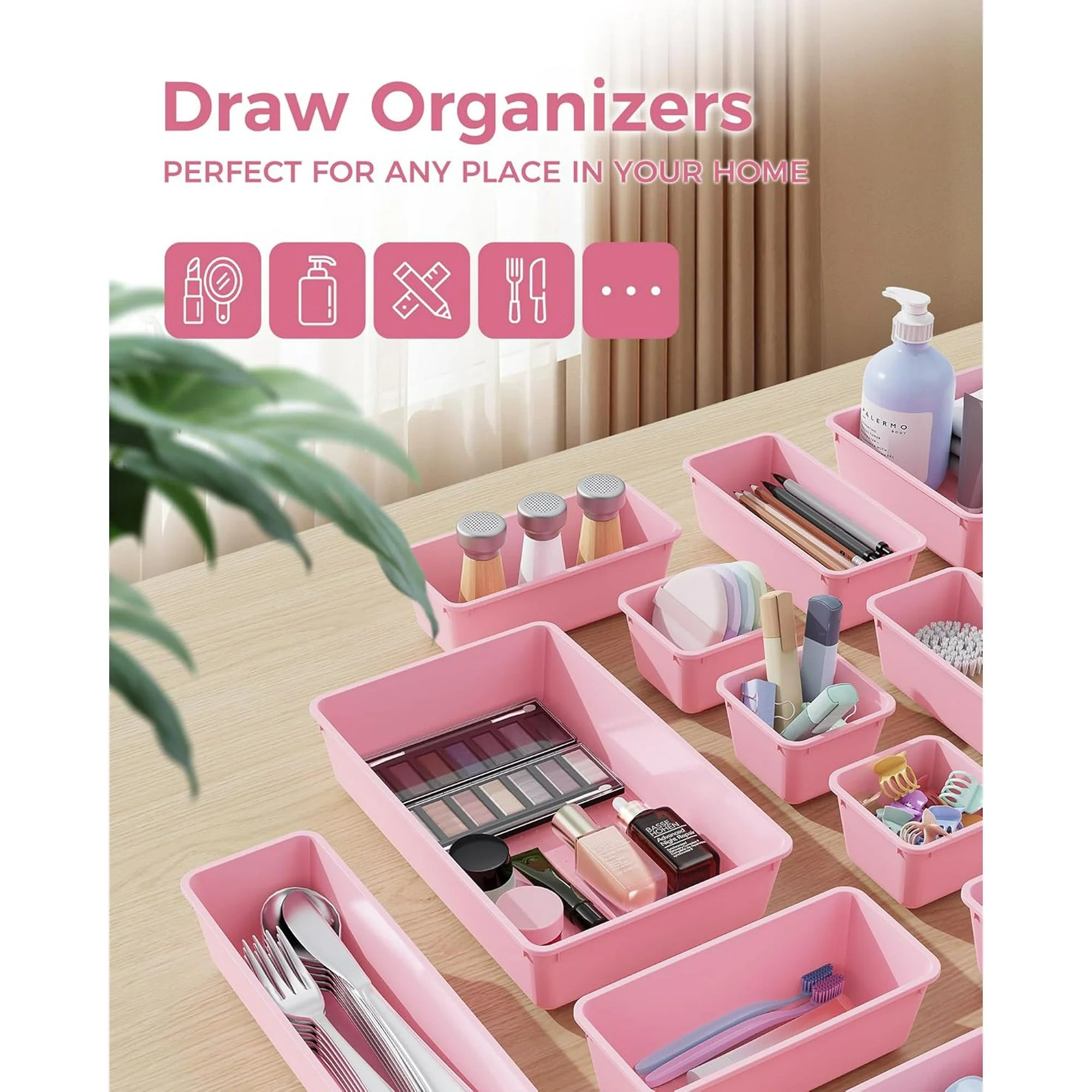 Plastic Drawer Organizers Set, 4-Sizes Vanity and Makeup Storage Trays B852