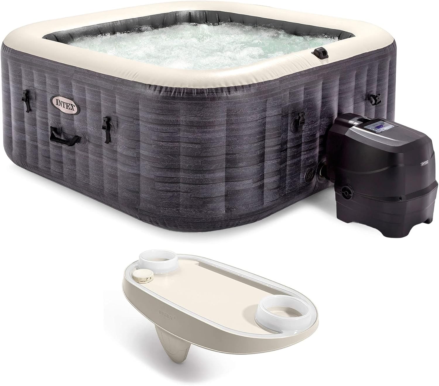 Intex PureSpa Plus Greystone Inflatable Square Outdoor Hot Tub Spa, 83x28" and Tray Attachment Accessory for Mobile Tablet Phones with LED Light Strip