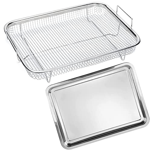 2 Piece Large Air Fryer Basket for Oven, Stainless Steel Crisping Basket & Tray Set, Oven Air Fry Mesh Basket Set, Oven crisper for French fry/frozen food, 14.8 x 10.5 (Silver)