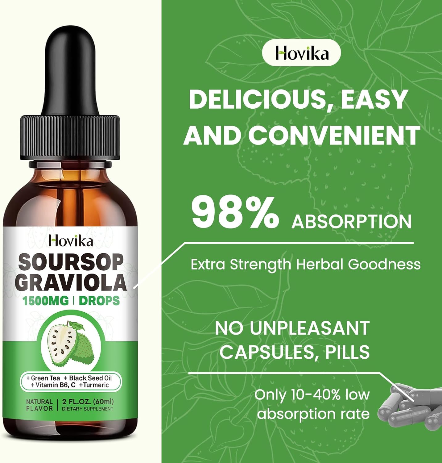 Soursop Graviola Liquid Drops with Green Tea, Black Seed Oil, Turmeric V562