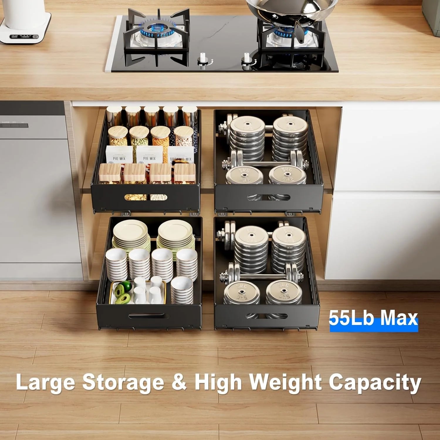 Pull Out Cabinet Organizer with 8 Dividers, 21.8" Deep, Black C252300