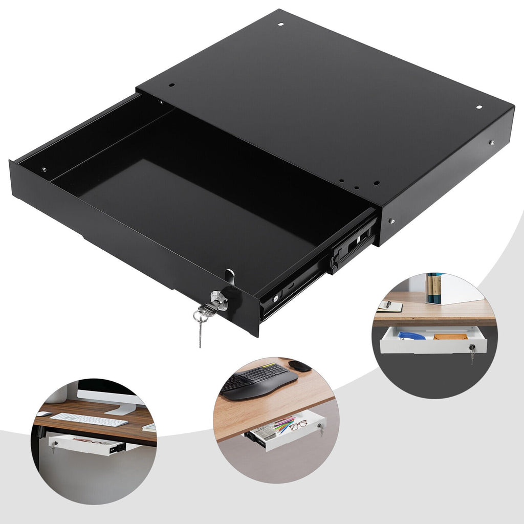 Rectangular Under Desk Mounted Iron Drawer Storage Sliding Pull-out Drawer Office Sliding Out Tray Space Saver with Keys Black