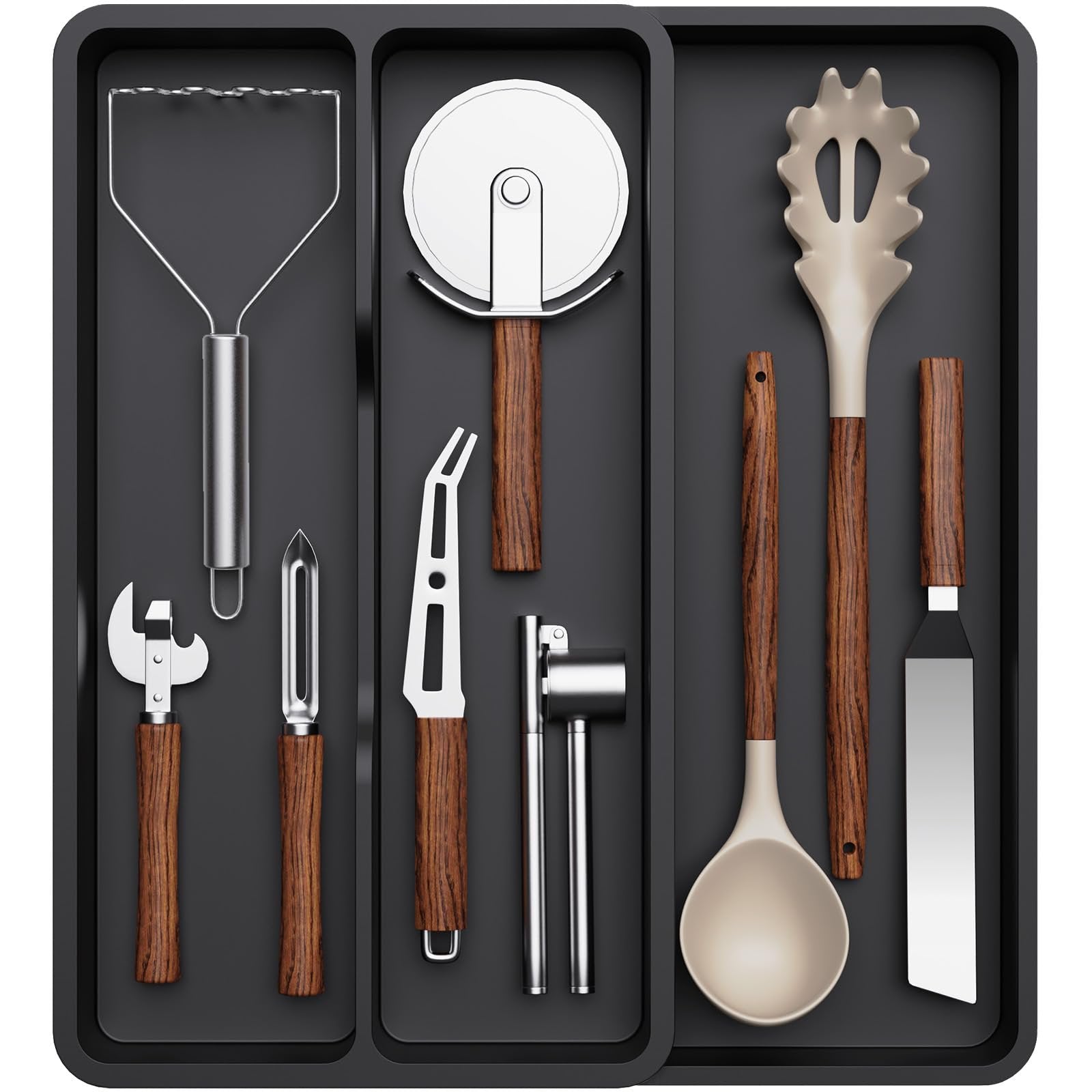 Drawer organizer for kitchen utensils, expandable cutlery tray with adjustable design, 3 sections for spatulas, ladles, and silverware storage, black