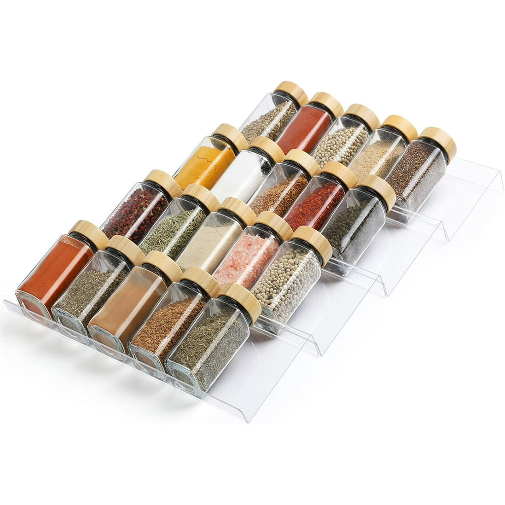 Spice Drawer Organizer 4 Tier, Acrylic Seasoning Organizer Rack, Clear Spice Rack Tray, Kitchen Seasoning Jars Drawers Insert (Jars Not Included/ Expandable From 13to 26)