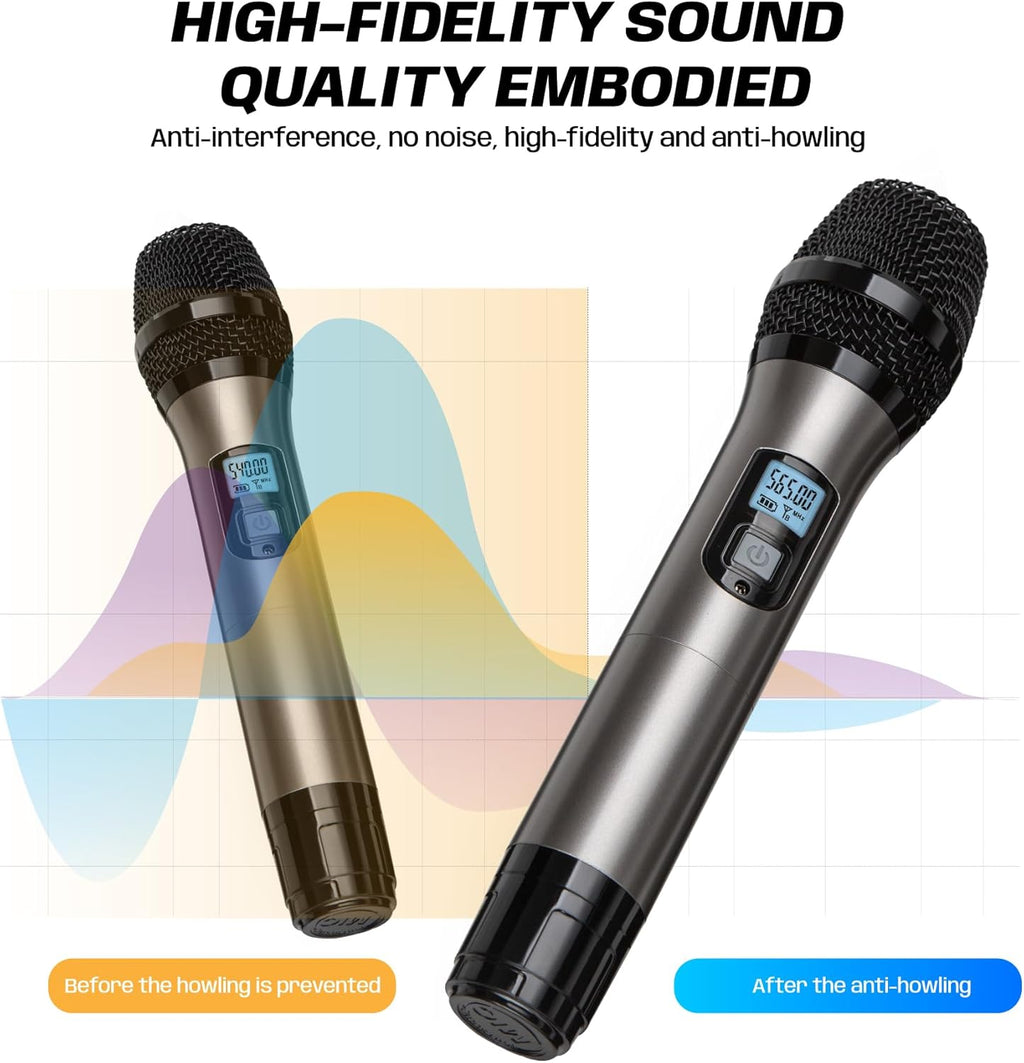 Dual Dynamic Handheld UHF Wireless Microphone System, 492ft Range for Karaoke, Meetings, Parties W212897